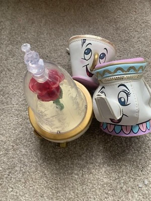 Disney Enchanted Rose Jewellery Box Beauty And The Beast Plus 2 Purses. VGC - Image 1 of 4