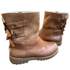 Ugg Bailey Bow Boots Brown Leather & Suede Ribbon Detail Side Zip Size 1 - Picture 1 of 10
