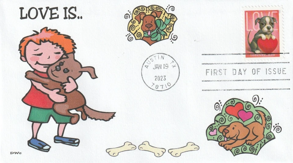 LOVE IS..  BOY HUGGING DOG  2023 LOVE DOG FDC- DWc - Image 1 of 1