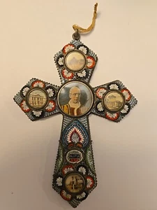 Antique Vintage MOSAIC CROSS Picturing Pope Pius XII, Rome - Picture 1 of 9