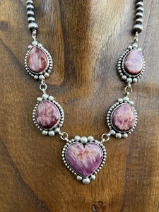 Collar Navajo Plata Esterlina Púrpura Ostra Espinosa Lariat Perlas Cuentas Corazón RY - Imagen 1 de 12