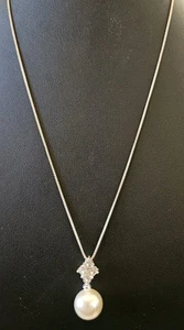 Sterling Silver Box Chain Necklace With Rhinestone And Teardrp Faux Pearl... - Picture 1 of 3