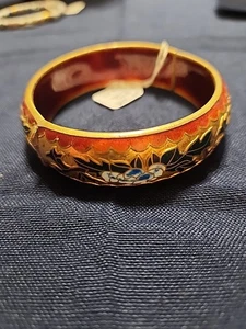 Bracciale Cloisonne Vintage Arancione Cerniera Bracciale Smaltato Grosso Largo  - Foto 1 di 4