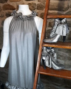 Ted Baker Outfit Dress Gina Shoes 10/14 38 5 Silver Pewter Halter Neck Ruffles  - Picture 1 of 15