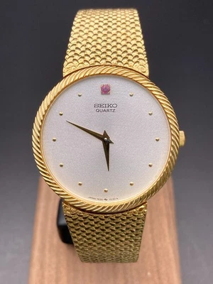 [N MInt] SEIKO Quartz 7430-7010 Mens Vintage Watch Gold Dial Red Stone Japan - Image 1 of 4