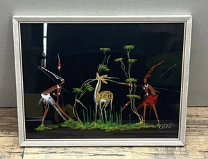 African Art Gouache Paper Hunting Party Antelope Mid Century Modern Framed 10x13 - Picture 1 of 4