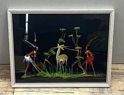 African Art Gouache Paper Hunting Party Antelope Mid Century Modern Framed 10x13 - Image 1 of 4