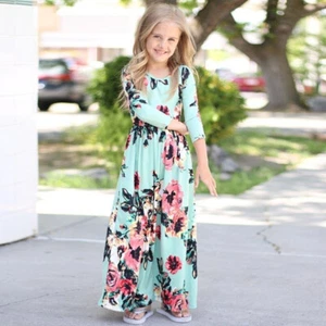 Girls Floral Long Sleeve Floor Length Printed Dress Casual Kids, Green, 3-4 yrs - Picture 1 of 4