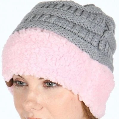Heimish USA Beanie Cap Womens Gray on Pink Snow Day Sherpa Cozy Fleece Knit Hat - Image 1 of 4