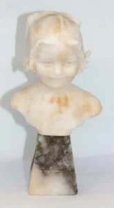 ANTIQUE CARVED ALABASTER BUST ‘LITTLE DUTCH GIRL’ ON MARBLE BASE c.1900 - Picture 1 of 21