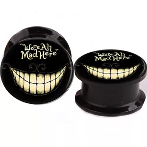 PAIR ALICE WE'RE ALL MAD HERE Ear Gauges Ear Plugs Flesh Tunnel Acrylic SCREW - Picture 1 of 2