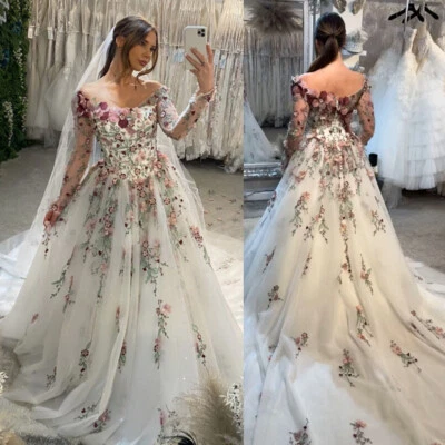 Long Sleeves Wedding Dresses Lace Florals Court Train Bridal Gowns Princess - Image 1 of 4
