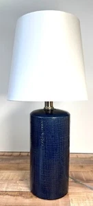 Blue Textured Ceramic Table Lamp With White Tapered Shade & Silver Accents - Picture 1 of 5
