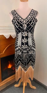 Flapper Sequin Beaded Gold Fringe VNeck Sleeveless Cocktail Dress Side Zipper XS - Picture 1 of 8