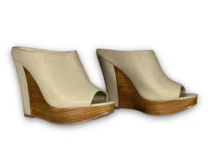 Aldo Pelicia-35 Beige Faux Wood Open Toe Platform Wedge Slides Mules Size 9 - Picture 1 of 11