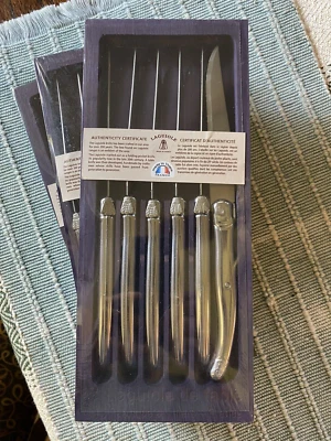 JUEGO LAGUIOLE (6) CANTIDAD (3) CUCHILLO PARA CARNE MANGO PLATEADO NUEVO EN CAJA HECHO EN THIERS - FRANCIA NUEVO EN CAJA Foto 1 de 3