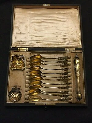 coffret a the  napoleon lll cuilleres passe the pince argent massif minerve  - Photo 1/4