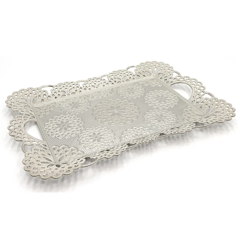 Turkish Rectangular Serving Tea Coffee Tray | Ottoman Style Floral Tray - Silver - Image 1 of 1