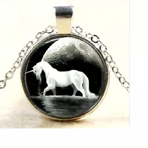 UNICORN WHITE HORSE MOON Pendant 20" Sterling Silver 925 necklace female mom - Picture 1 of 7