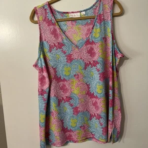 Belle Kim Gravel Sleeveless Paisley Print Tank Top Sz XL NEW V Neck PInk Blue Li - Picture 1 of 9