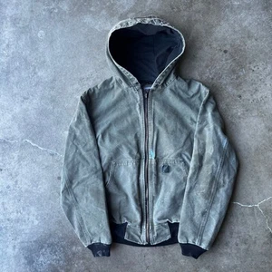 VINTAGE Carhartt Jacket Green LARGE Quilted J130 Hooded THRASHED DISTRESSED - Picture 1 of 5