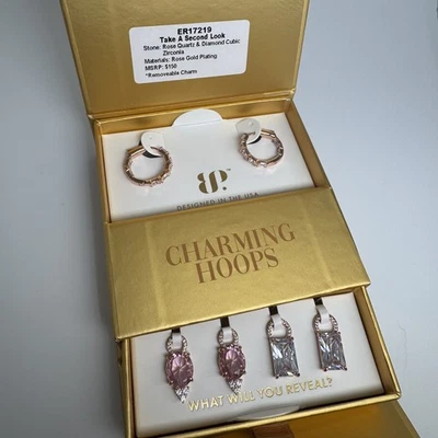 Bomb Party Charming Hoops Take A Second Look Rose Gold w/ Rose Quartz/CZ ER17219 - Image 1 of 3