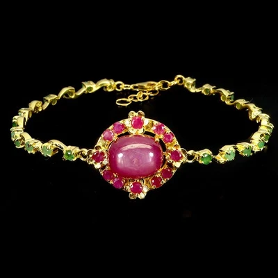 925 Sterling Silver Bracelet Oval Ruby 12x10mm Emerald Gemstone Jewelry 8inches - Image 1 of 4