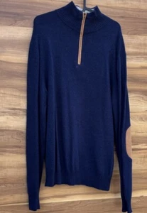 Alan Flusser 100% Pure Cashmere Men's L Blue Stand-Up Collar Elbow Patch Sweater - Picture 1 of 14