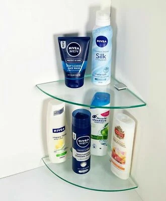 Set ripiani ad angolo vetro trasparente 2 livelli montaggio a parete bagno angolo ripiani ordinati nuovo - Immagine 1 di 3