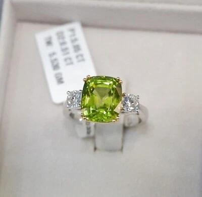 Peridot Diamond F VVS 18K Ring Gold Natural 5CTW Fine Quality Three Stone Ring - Image 1 of 4