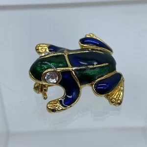Vintage Enamel Frog brooch pin blue green rhinestone eyes - Picture 1 of 5