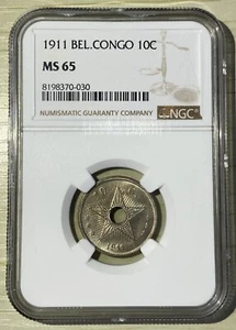 Belgium Congo 1911 10 Centimes CN Reflection ChBU 3rd Graded NGC MS65 KM#18 - Picture 1 of 2