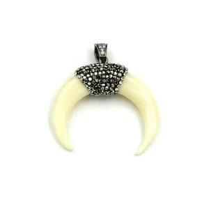 925 Silver Bail Double Horn Pendant, Crescent Horn OX Bone with Hematite & CZ - Picture 1 of 4
