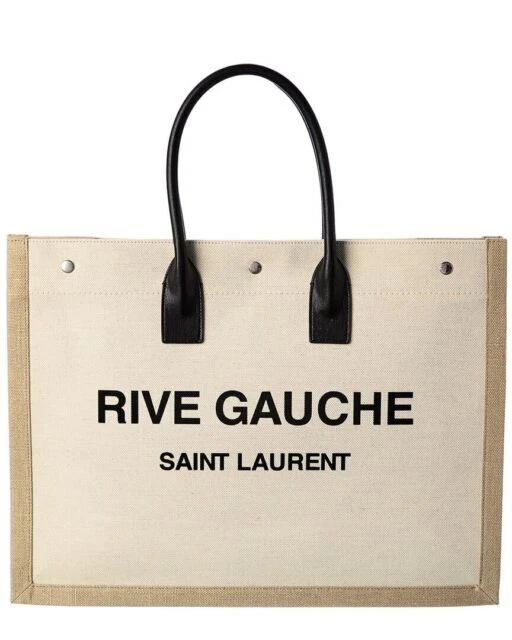 Saint Laurent Rive Gauche Tote White Leather/Linen