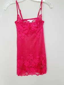 Victoria's Secret Hot Pink Nightwear Babydoll Mesh Lace Beaded Slip XS Set Y2K - Picture 1 of 8