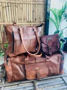 Handmade Vintage Genuine Goat Leather Brown Travel Overnight Duffle Weekend Bag - Picture 1 of 7