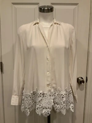 Equipment Femme Riley Off White Collared Button-Up Shirt Floral Lace Hem Size M - Image 1 of 4
