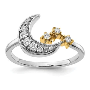 14K Solid Two Tone Gold Diamond Moon 3 Stars Ring - Picture 1 of 11