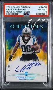 2021 Origins Rookie Autografi Chuba Hubbard Oro #7/10 - PSA 8 - Foto 1 di 2