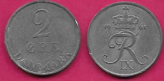 DENMARK 2 ORE 1961 C-S FREDERIK IX,CROWNED F IX R MONOGRAM AND DATE,INIT - Image 1 of 1