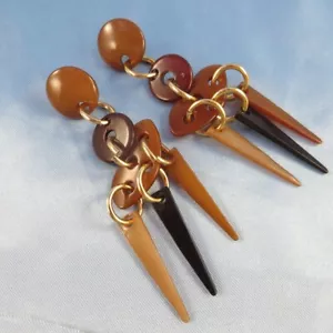 Modernist Simple Shades of Brown Lucite Dangle Pierce Earrings Long Dangling - Picture 1 of 11