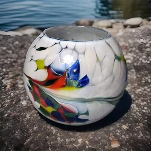 Vintage Art Glass Rose Bowl Tea Light Candle Holder Mouth Blown Glass In Poland - Picture 1 of 15