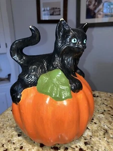 VINTAGE 70s HALLOWEEN CERAMIC BLACK CAT PUMPKIN Autumn Fall Mcm LA FAUVE Mold - Picture 1 of 6