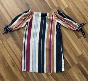 $129 Ann Taylor Striped Off the Shoulder Dress XXSP XX-small Petite Knee Length - Picture 1 of 5