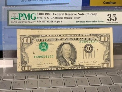 1988 $100 FRN Inverted Overprint Error PMG Ch VF-35 - Image 1 of 2