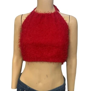 90s Y2K Eye Candy Fuzzy Crop Top Large Halter Red Clubwear Rave Grunge Holiday - Picture 1 of 8