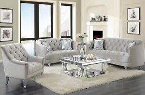 Modern Glam 3-Piece Chesterfield Sofa Set, Couch Loveseat & Chair, Silver Velvet