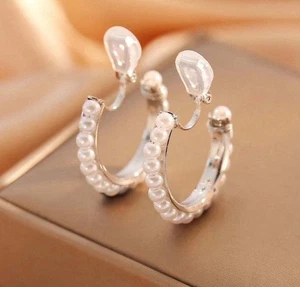 Clip on 1 1/4" silver and white pearl hoop earrings - Picture 1 of 4