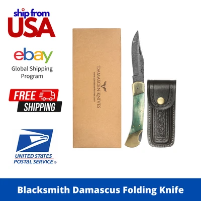 The Blacksmith Damascus Folding Knife – Lockback, Bone Handle + Premium Leather - Image 1 of 4