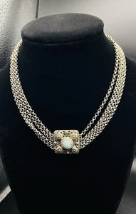 Art Deco Silver Tone Cabochon Choker Floral Designs Necklace - Picture 1 of 12